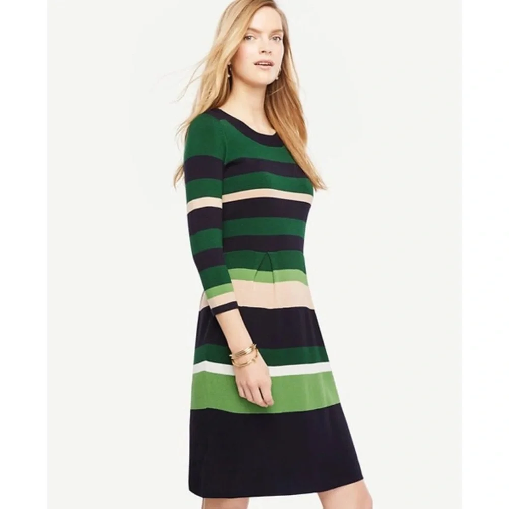 Ann Taylor Stripe Flare Knit Sweater Dress in Green Eden XXS